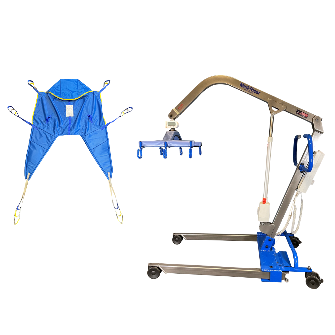 The Med-Mizer MedRiser 600 Patient Lift and a blue sling are displayed side by side against a white background, highlighting equipment designed for safe patient handling.